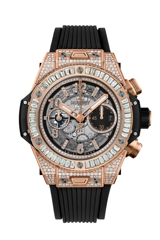 Hublot Big Bang Unico King Gold Jewellery 44 MM - Striped Structured Black Rubber Strap - Diamond Bezel - Matte Black Skeleton Diamond Dial - 421.OX.1180.RX.0904