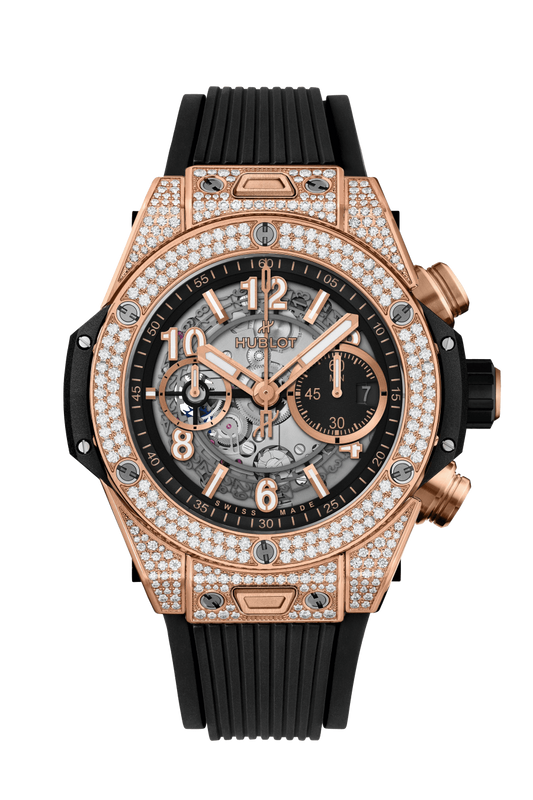 Hublot Big Bang Unico King Gold Pave 44 MM - Striped Structured Black Rubber Strap - Diamond Bezel - Matte Black Skeleton Dial - 421.OX.1180.RX.1704