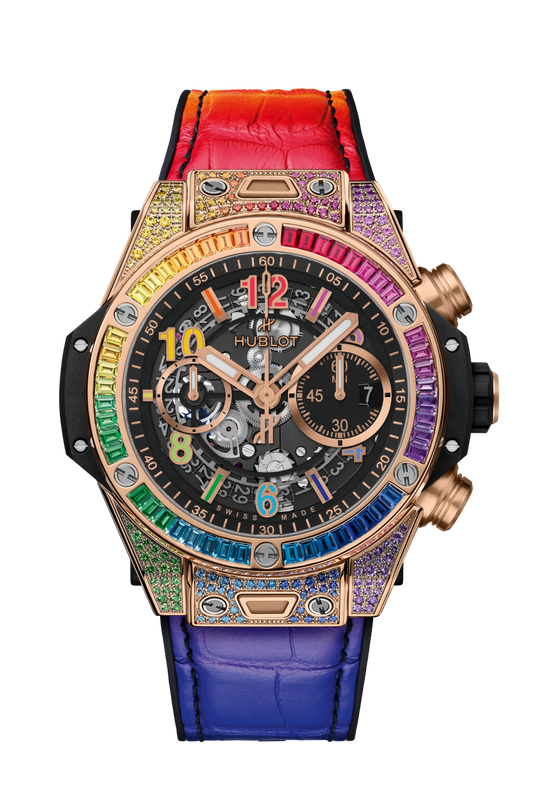 Hublot Big Bang Unico King Gold Rainbow 44 MM - Black Rubber and Multicolor Alligator Strap - Diamond Bezel - Matte Black Skeleton Dial - 421.OX.1118.LR.0999