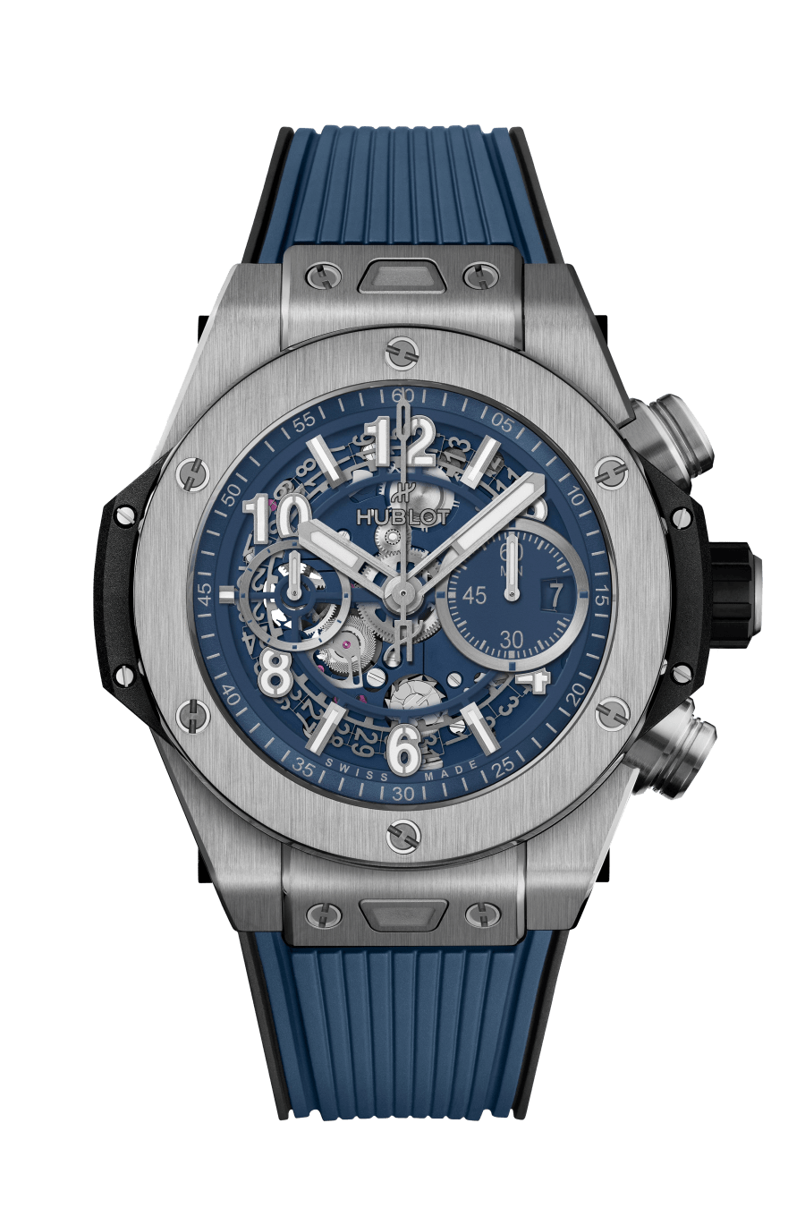 Hublot Big Bang Unico Titanium Blue 44 MM - Striped Structured Blue Rubber Strap - Matte Blue Skeleton Dial - 421.NX.5170.RX