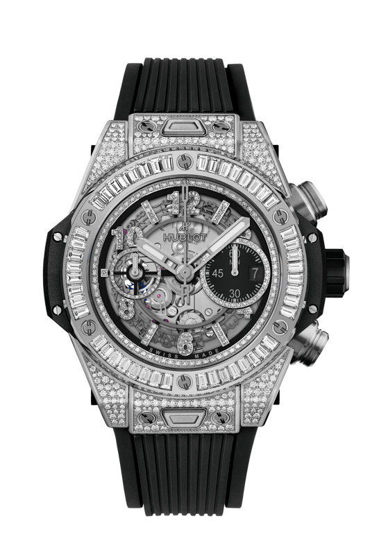 Hublot Big Bang Unico Titanium Jewellery 44 MM - Striped Structured Black Rubber Strap - Diamond Bezel - Matte Black Skeleton Dial - 421.NX.1170.RX.0904