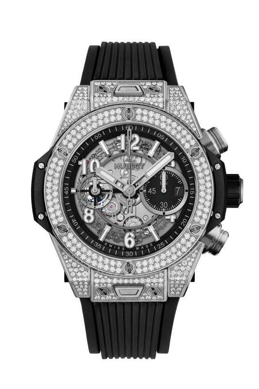 Hublot Big Bang Unico Titanium Pave 44 MM - Striped Structured Black Rubber Strap - Diamond Bezel - Matte White Skeleton Dial - 421.NX.1170.RX.1704