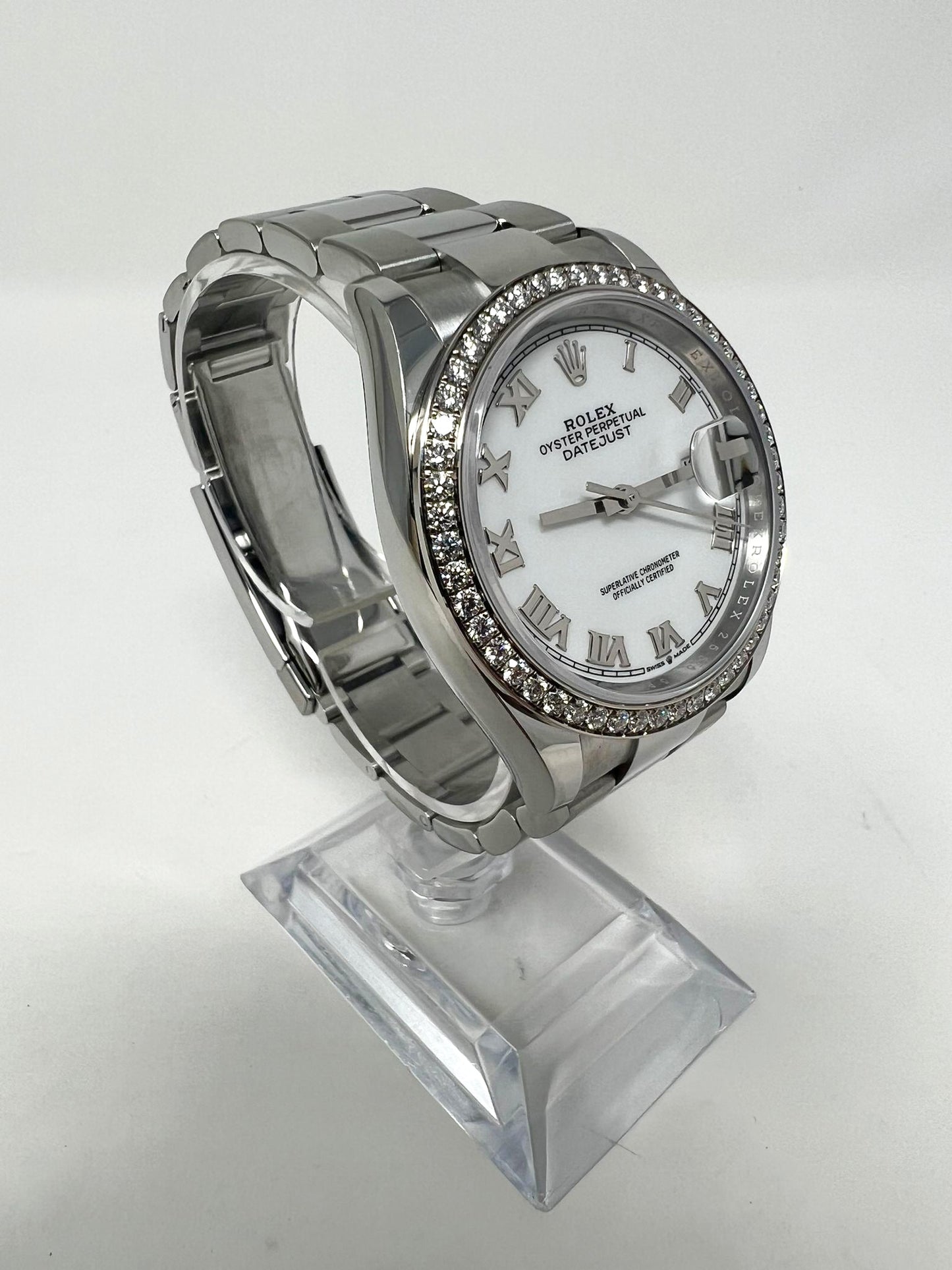 Rolex Stainless Steel And White Gold Datejust - 36 MM - Oyster Bracelet - Diamond Bezel - White Roman Dial - 126284RBR wro