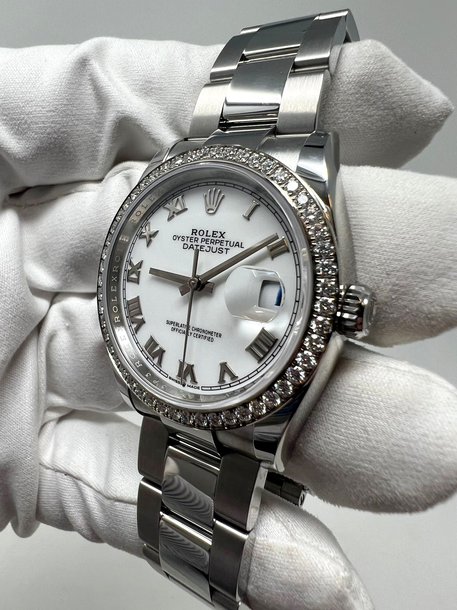 Rolex Stainless Steel And White Gold Datejust - 36 MM - Oyster Bracelet - Diamond Bezel - White Roman Dial - 126284RBR wro