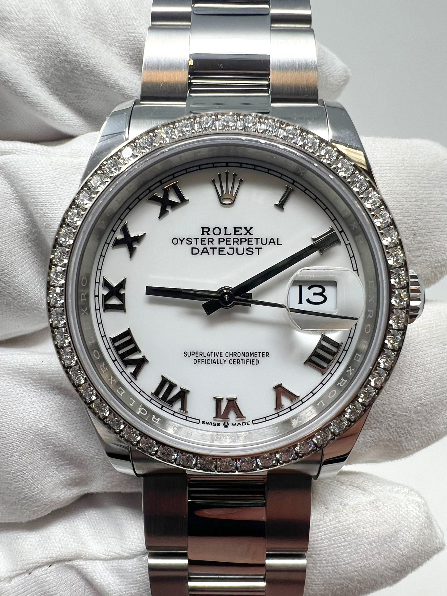 Rolex Stainless Steel And White Gold Datejust - 36 MM - Oyster Bracelet - Diamond Bezel - White Roman Dial - 126284RBR wro