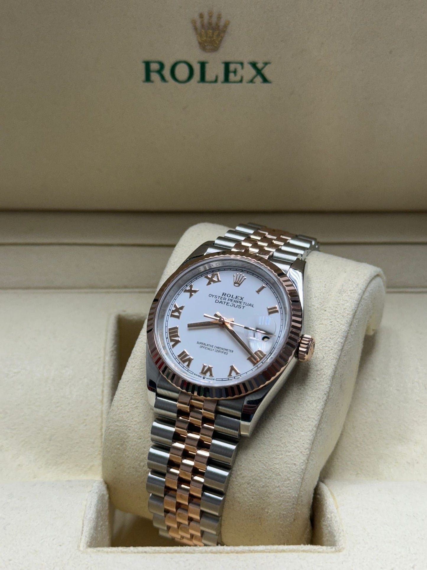 126231 Datejust 36mm Rose Gols Jubilee White Roman Like New Complete Set $14,299