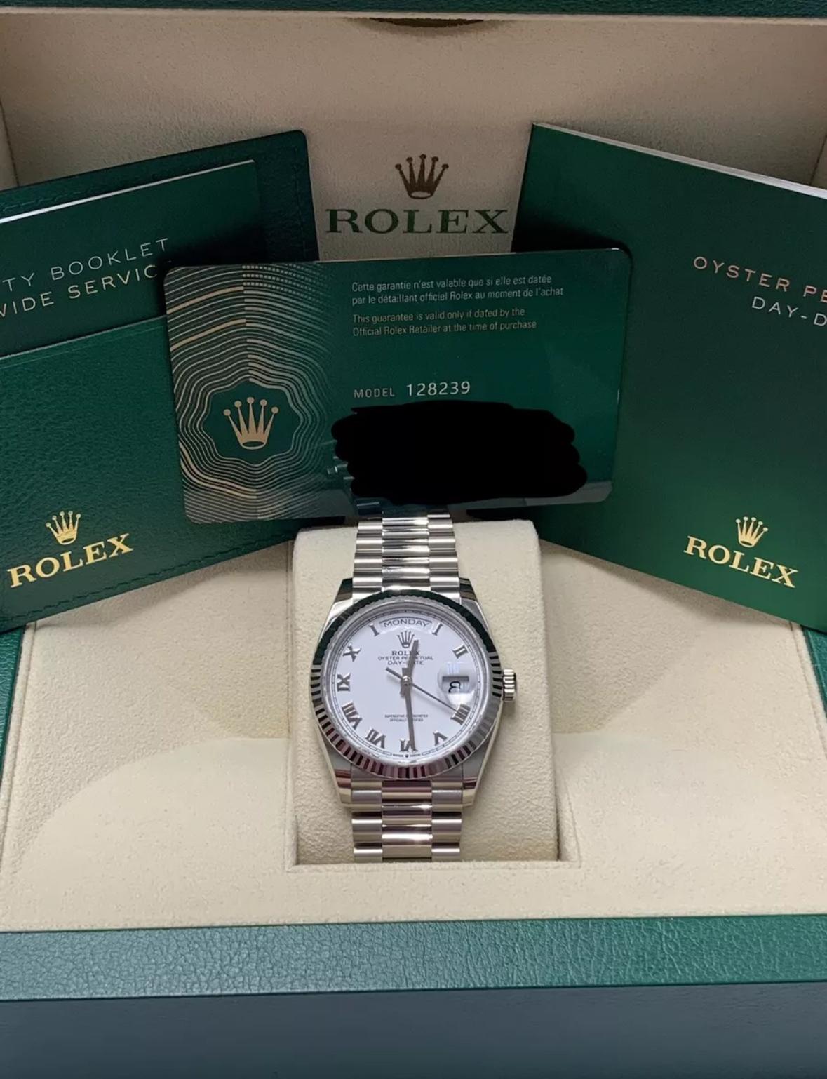 128239 36mm Daydate White Gold White Roman Dial Like New 2024 Complete Set $36,999