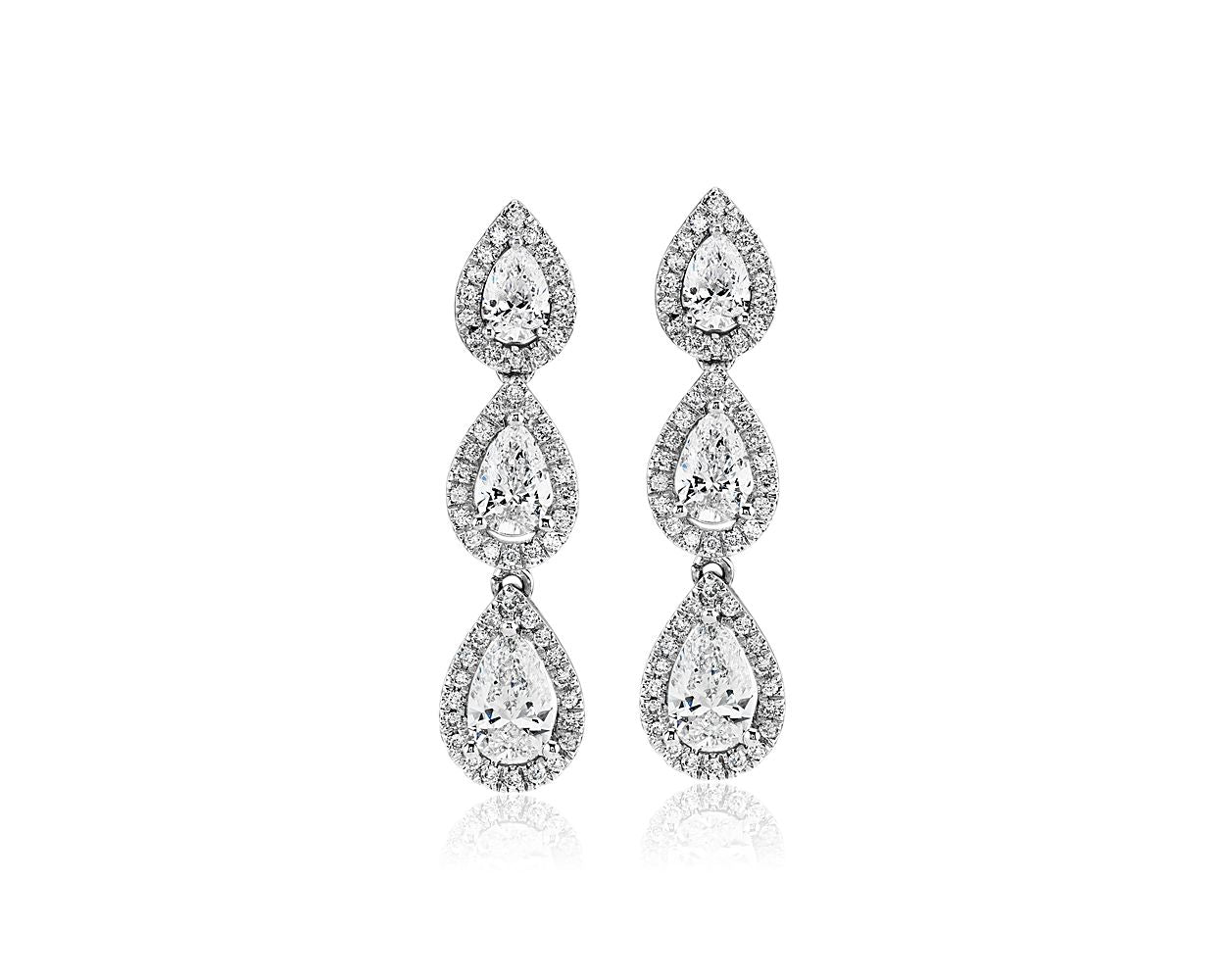 Pear Shape Diamond Halo Drop Earrings -  14k White Gold - 1 5/8 Ct. Tw. - E-0028WG14PSDH