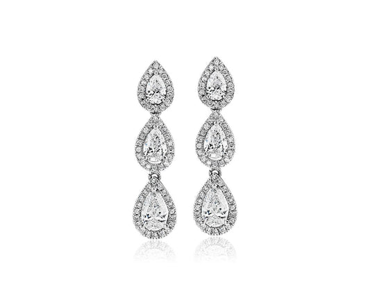 Pear Shape Diamond Halo Drop Earrings -  14k White Gold - 1 5/8 Ct. Tw. - E-0028WG14PSDH