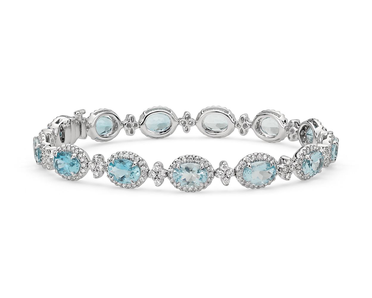 Oval Aquamarine And Pavé Diamond Halo Bracelet - 18k White Gold - 2.26 Ct. Tw. - B-0064WG18 OAPDH