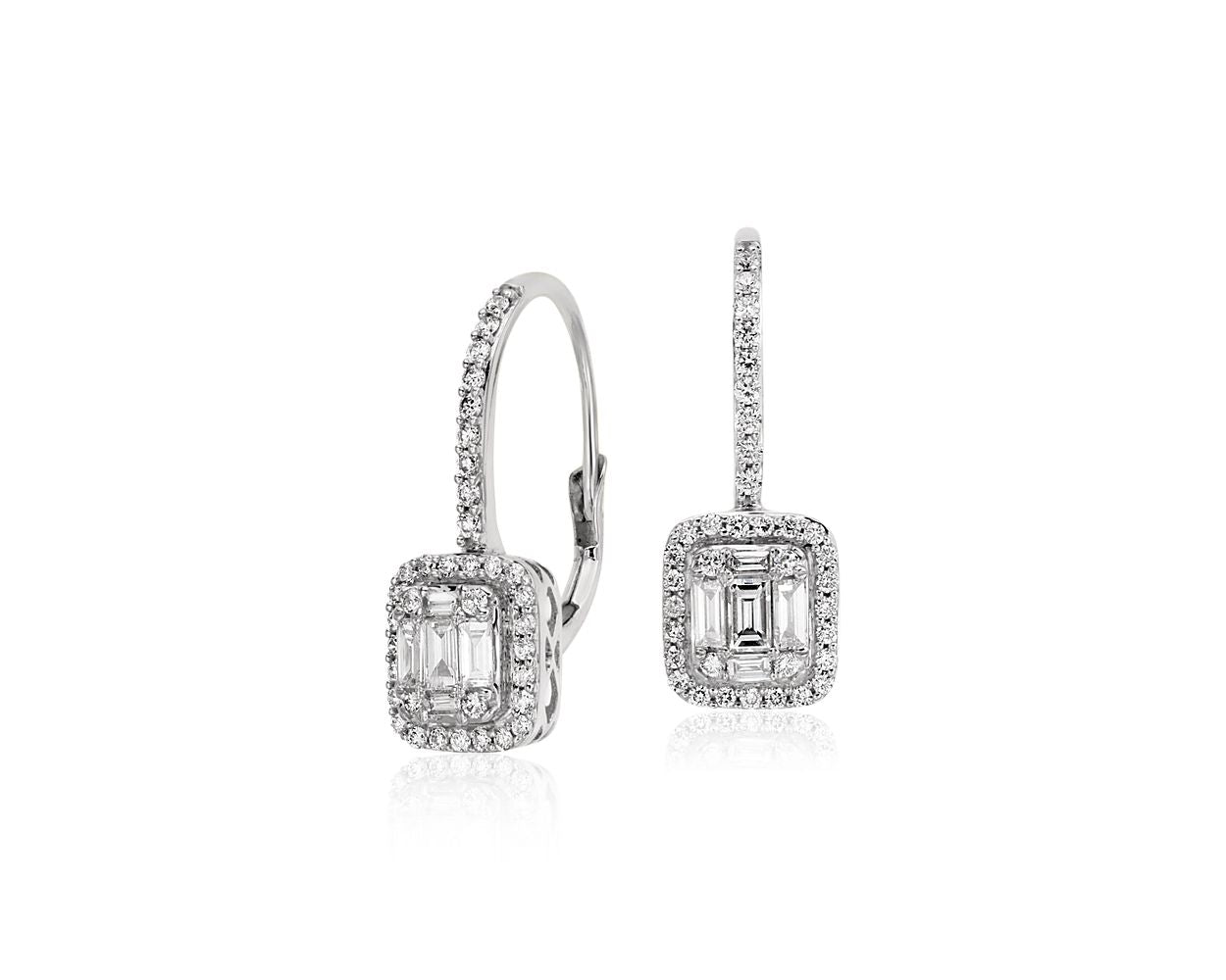 Baguette Diamond Lever Back Drop Earrings -  18k White Gold - 3/4 Ct. Tw. - E-0019WG18BD