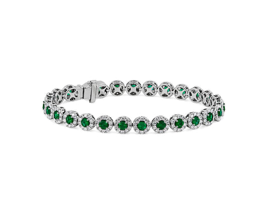 Emerald And Diamond Halo Bracelet - 14k White Gold - 2 4/5 Ct. Tw. - B-0061WG14 EDH