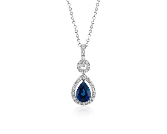 Floating Sapphire And Diamond Pear Pendant Necklace - 14k White Gold - 8x6MM - N-0007WG14DS