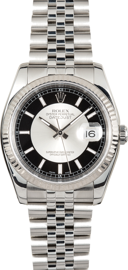 Rolex Stainless Steel And White Gold Datejust 36 MM - Jubilee Bracelet - Fluted Bezel - Tuxedo Dial - 116234 bksls