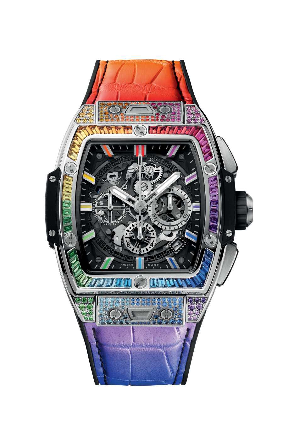 Hublot Spirit of Big Bang Titanium Rainbow 42 MM - Black Rubber and Multicolored Alligator Leather Straps - Diamond Bezel - Sapphire Crystal Dial - 642.NX.0117.LR.0999