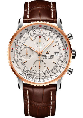 Breitling Navitimer Stainless Steel and Rose Gold 41 MM - Brown Leather Strap - Mercury Silver Dial - U13324211G1P1