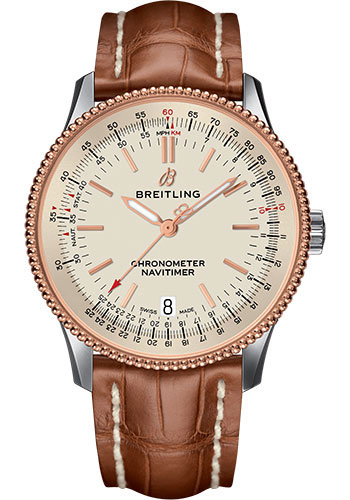 Breitling Navitimer Stainless Steel and Rose Gold 38 MM - Brown Leather Strap - Silver Dial - U17325211G1P1