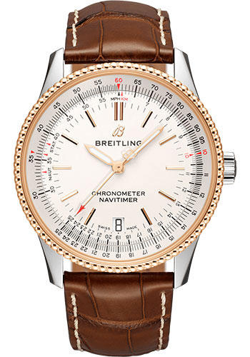 Breitling Navitimer Stainless Steel and Rose Gold 38 MM - Brown Leather Strap - Silver Dial - U17325211G1P2