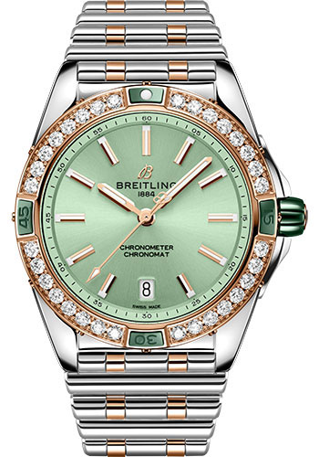 Breitling Chronomat Stainless steel and Rose Gold 38 MM - Steel And Rose Gold Bracelet - Diamond Bezel - Green Dial - U17356531L1U1