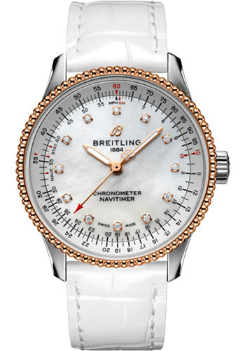 Breitling Navitimer Stainless Steel and Rose Gold 35 MM - White Leather Strap - Mother-Of-Pearl Dial - U17395211A1P4