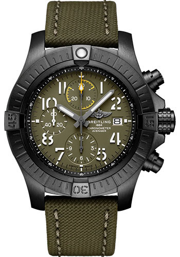 Breitling Avenger DLC-coated Titanium 45 MM -  Khaki Green Calfskin Leather Strap - Green Dial - V13317101L1X2