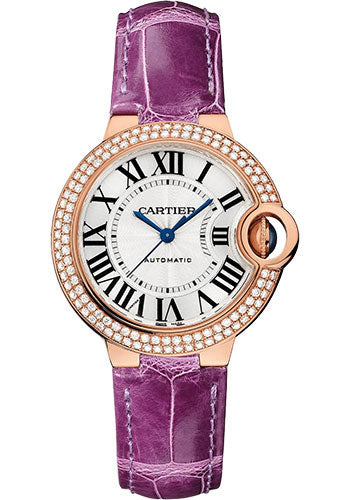 Cartier Ballon Bleu Rose Gold Diamonds 33 MM - Purple Leather Strap - White Dial - WJBB0051