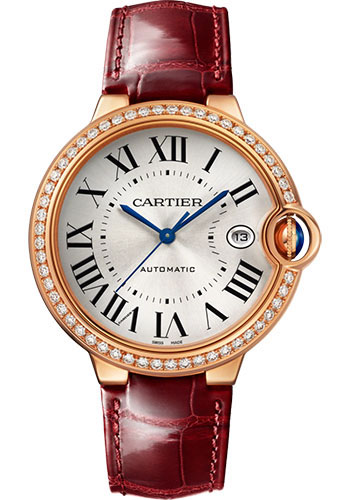 Cartier Ballon Bleu Rose Gold 40 MM - Burgundy Leather Strap - Silver Dial - WJBB0056