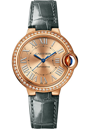 Cartier Ballon Bleu Pink Gold 33 MM - Blue Leather Strap - Pink Dial - WJBB0076