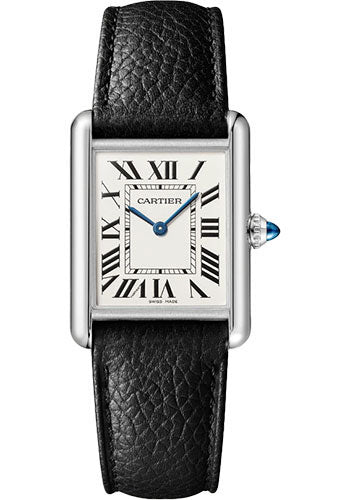 Cartier Tank Stainless Steel (Large Model) 33 MM - Black Leather Strap - Stainless Steel Bezel - White Dial - WSTA0041