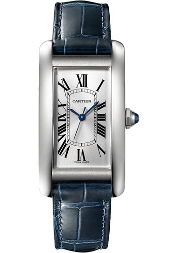 Cartier Tank Stainless steel (Medium Model) 41 MM - Blue Leather Strap - Stainless Steel Bezel - Silver Dial - WSTA0044