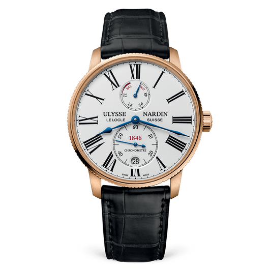 Ulysse Nardin Marine Rose Gold 42 MM -  Black Leather Strap - White Dial - 1182-310/40