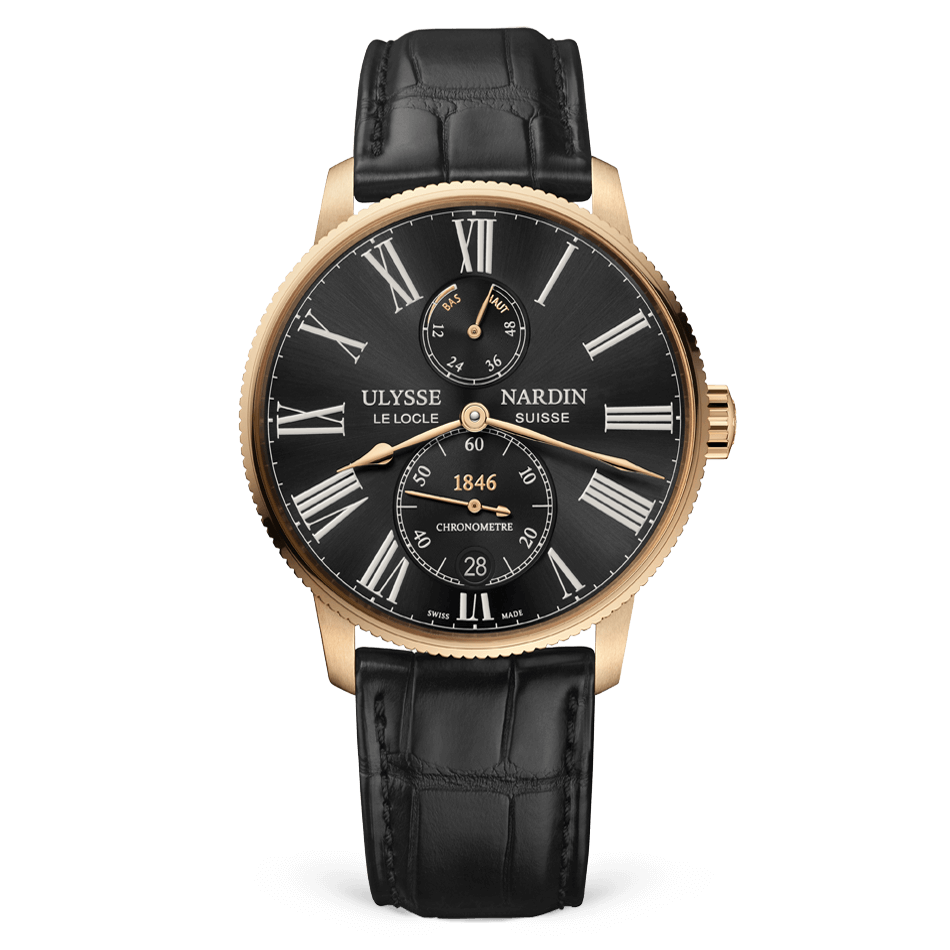 Ulysse Nardin Marine Rose Gold 42 MM -  Black Leather Strap - Black Dial - 1182-310/42