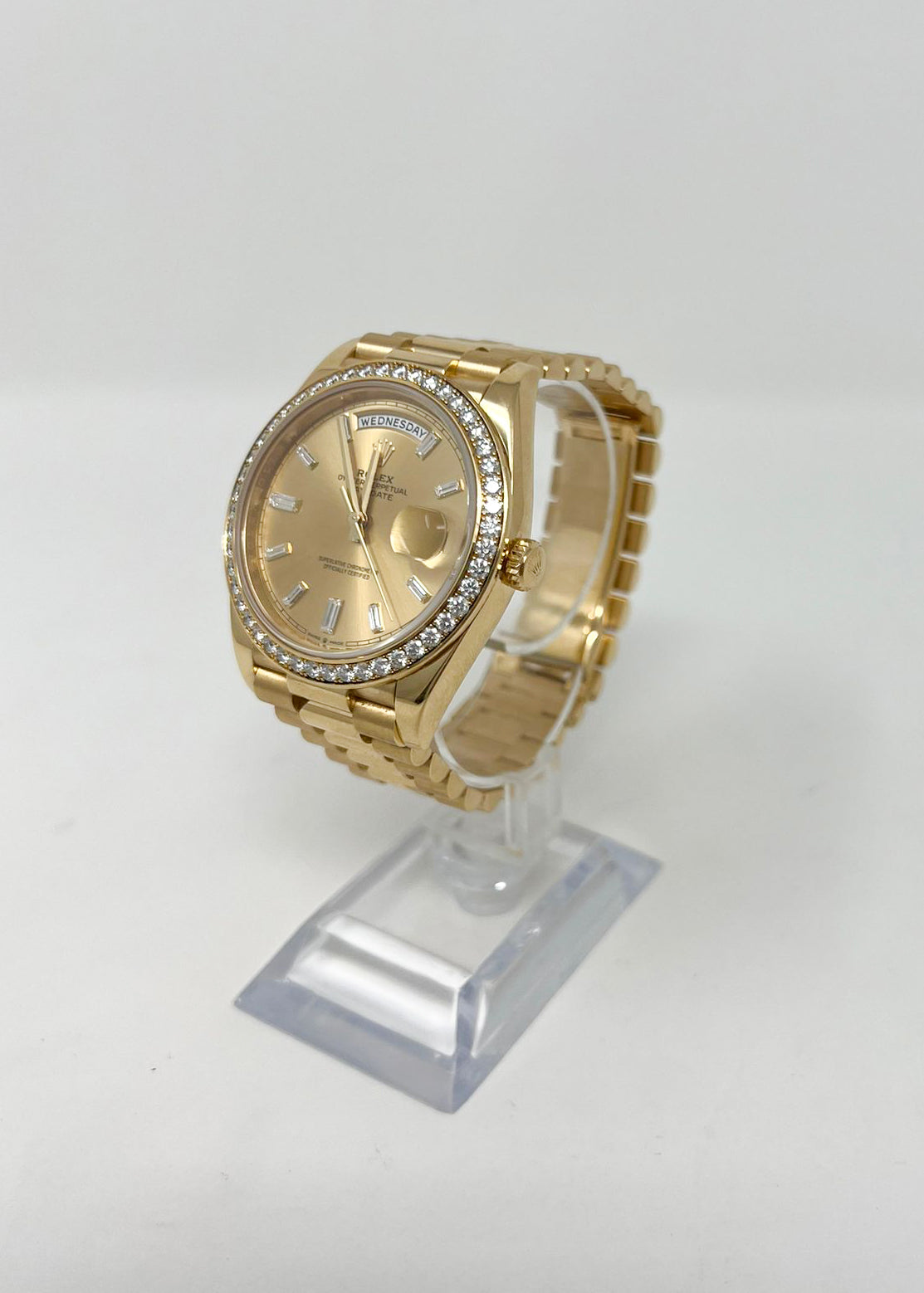 Rolex Yellow Gold Day-Date 40 MM - President Bracelet Watch - Diamond Bezel - Champagne Baguette Diamond Dial - 228348RBR chbdp