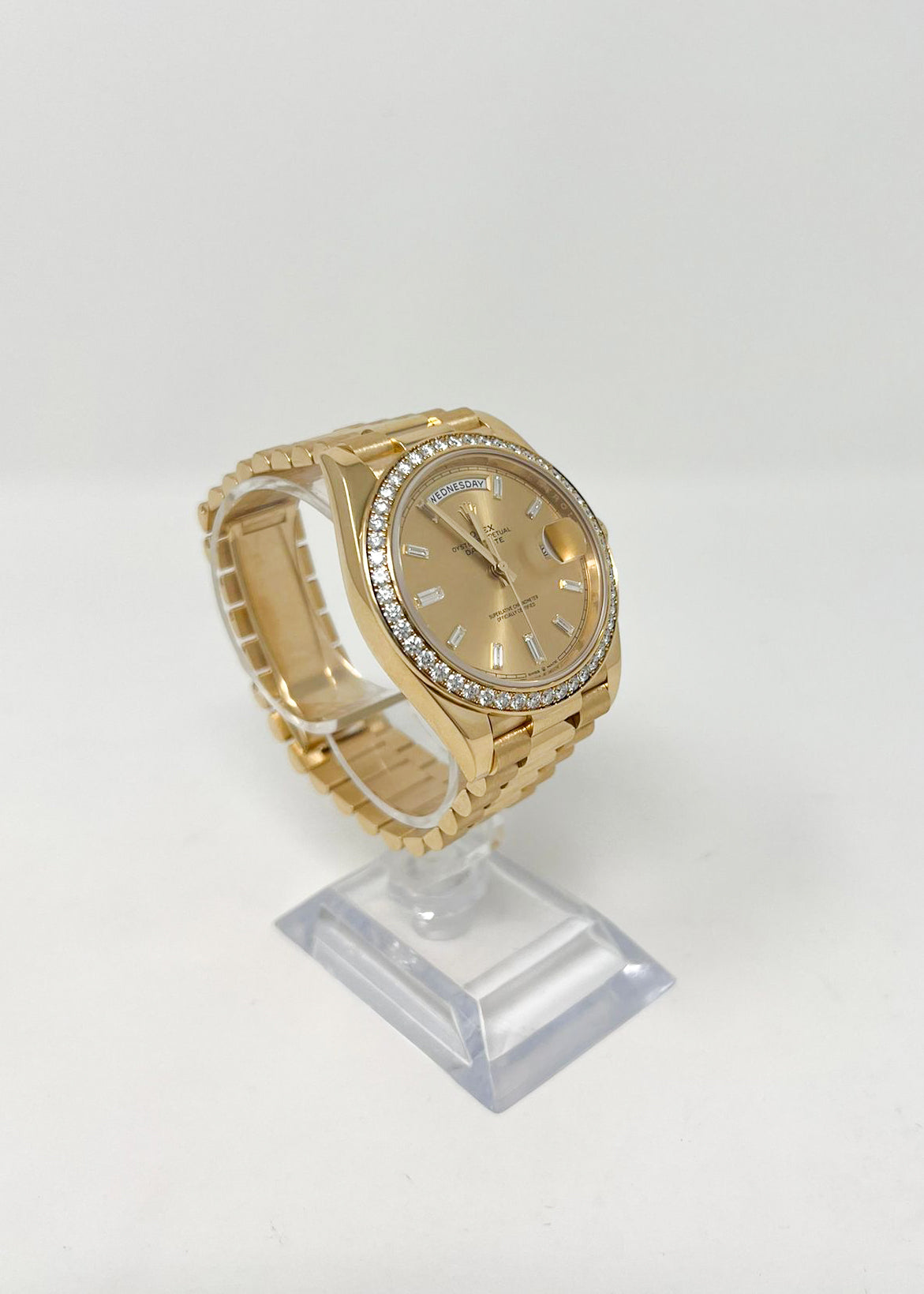 Rolex Yellow Gold Day-Date 40 MM - President Bracelet Watch - Diamond Bezel - Champagne Baguette Diamond Dial - 228348RBR chbdp