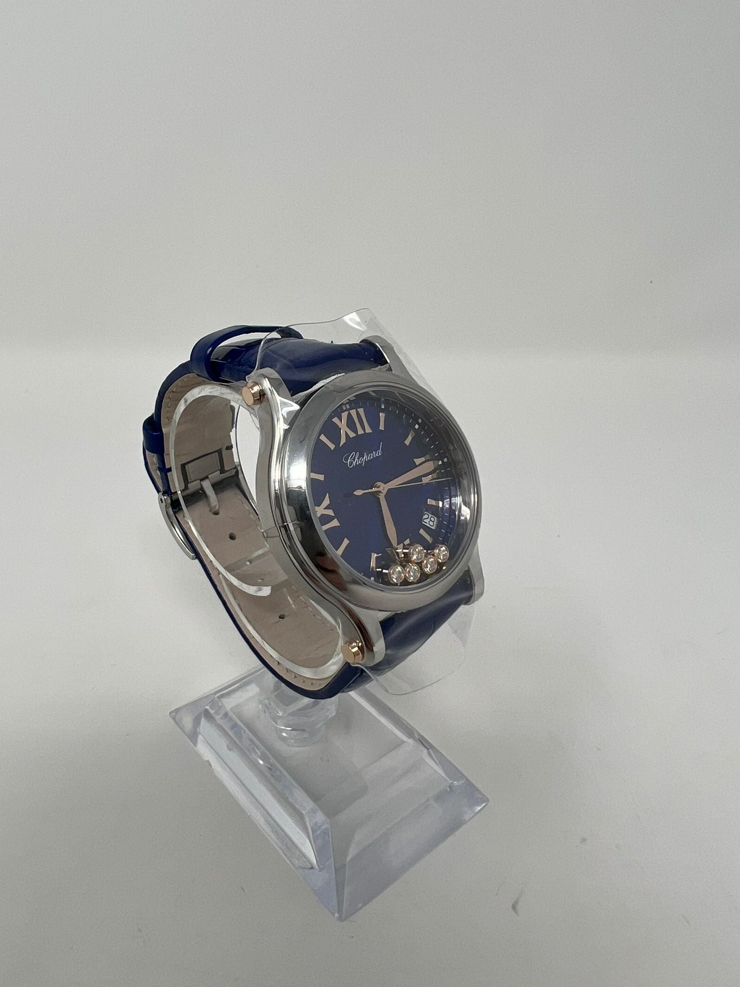 Chopard Happy Sport Stainless Steel and Rose Gold 36 MM - Blue Alligator Strap - Blue Diamond Dial - 278582-6012