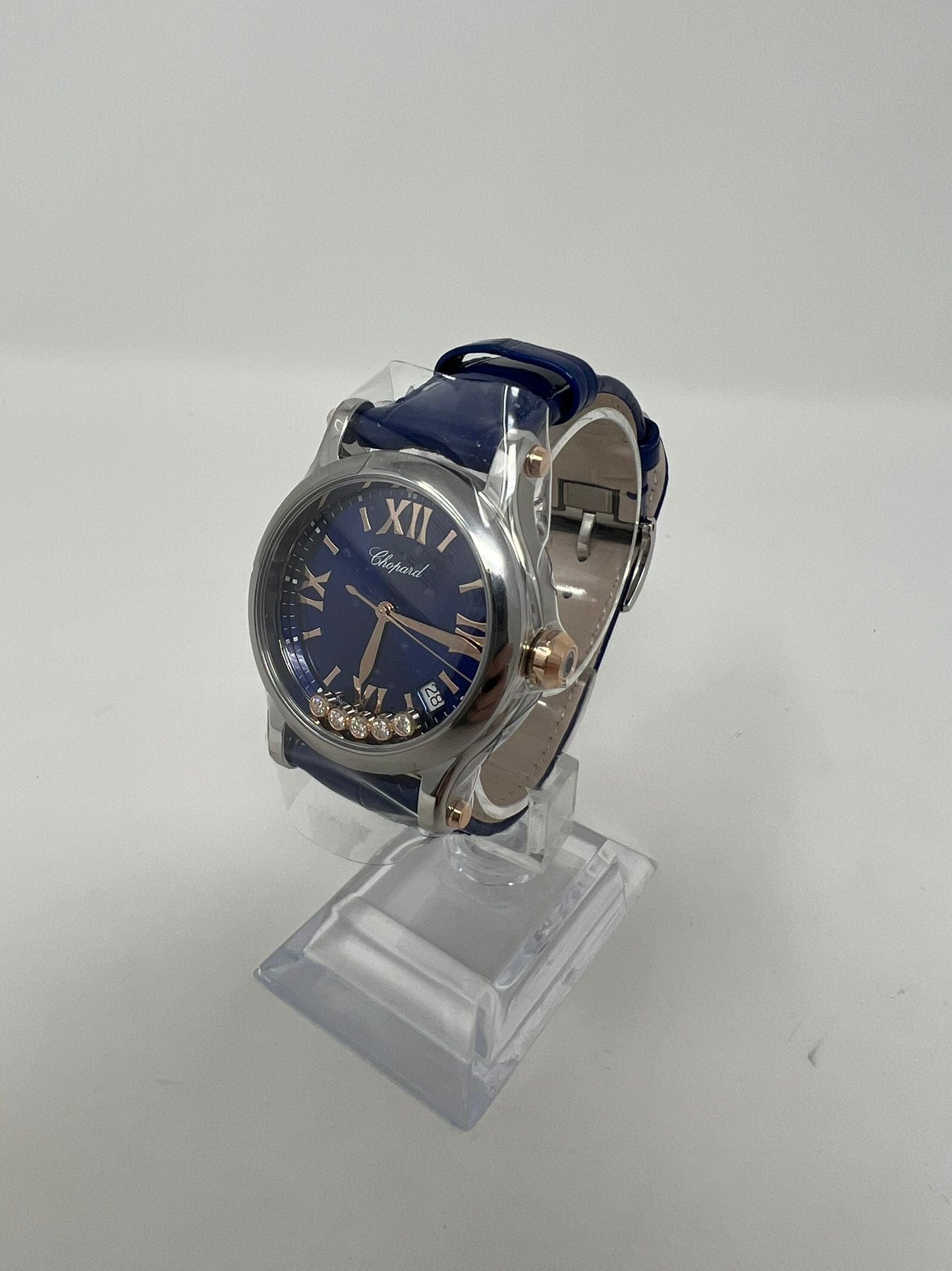 Chopard Happy Sport Stainless Steel and Rose Gold 36 MM - Blue Alligator Strap - Blue Diamond Dial - 278582-6012