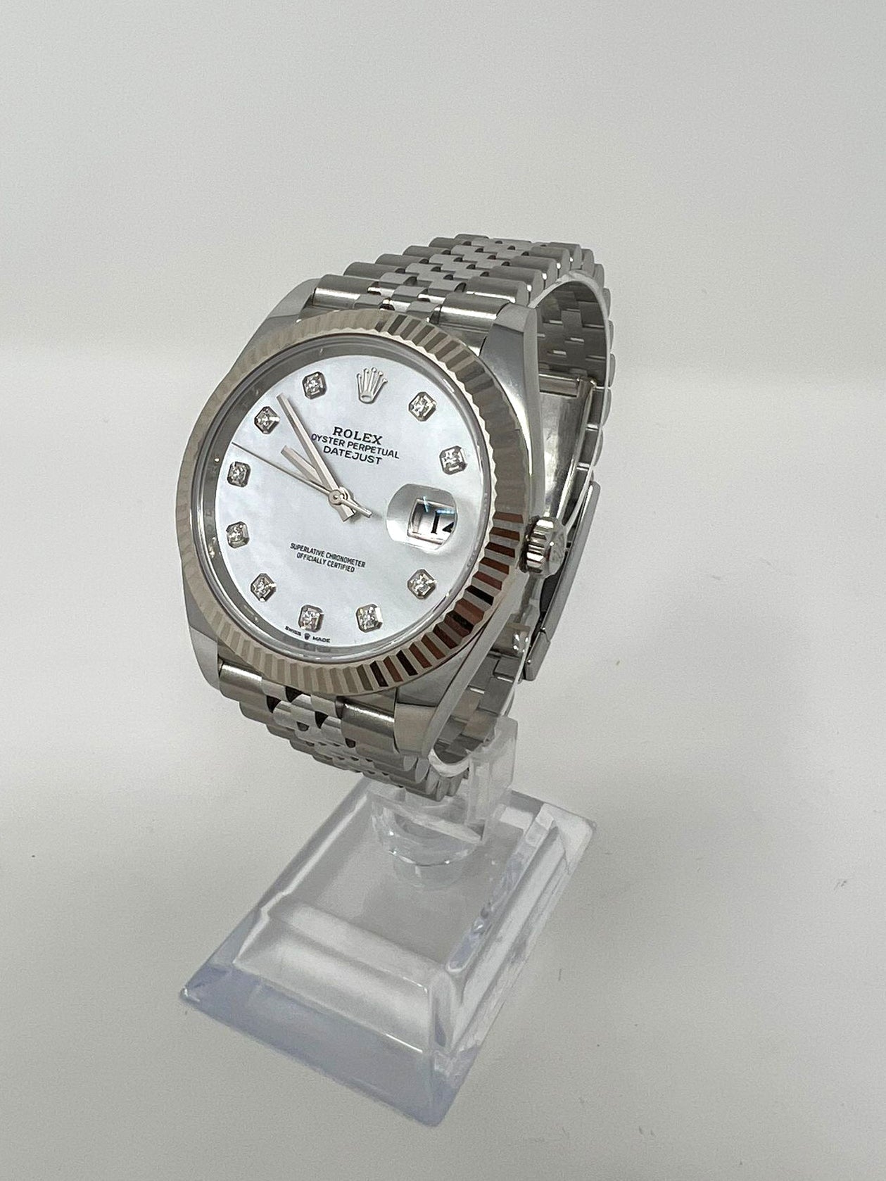 Rolex Stainless Steel and White Gold Datejust 41 Date Watch - 41 MM - Jubilee Bracelet - Fluted Bezel - Mother Of Pearl Diamond Dial - 126334 wmdj