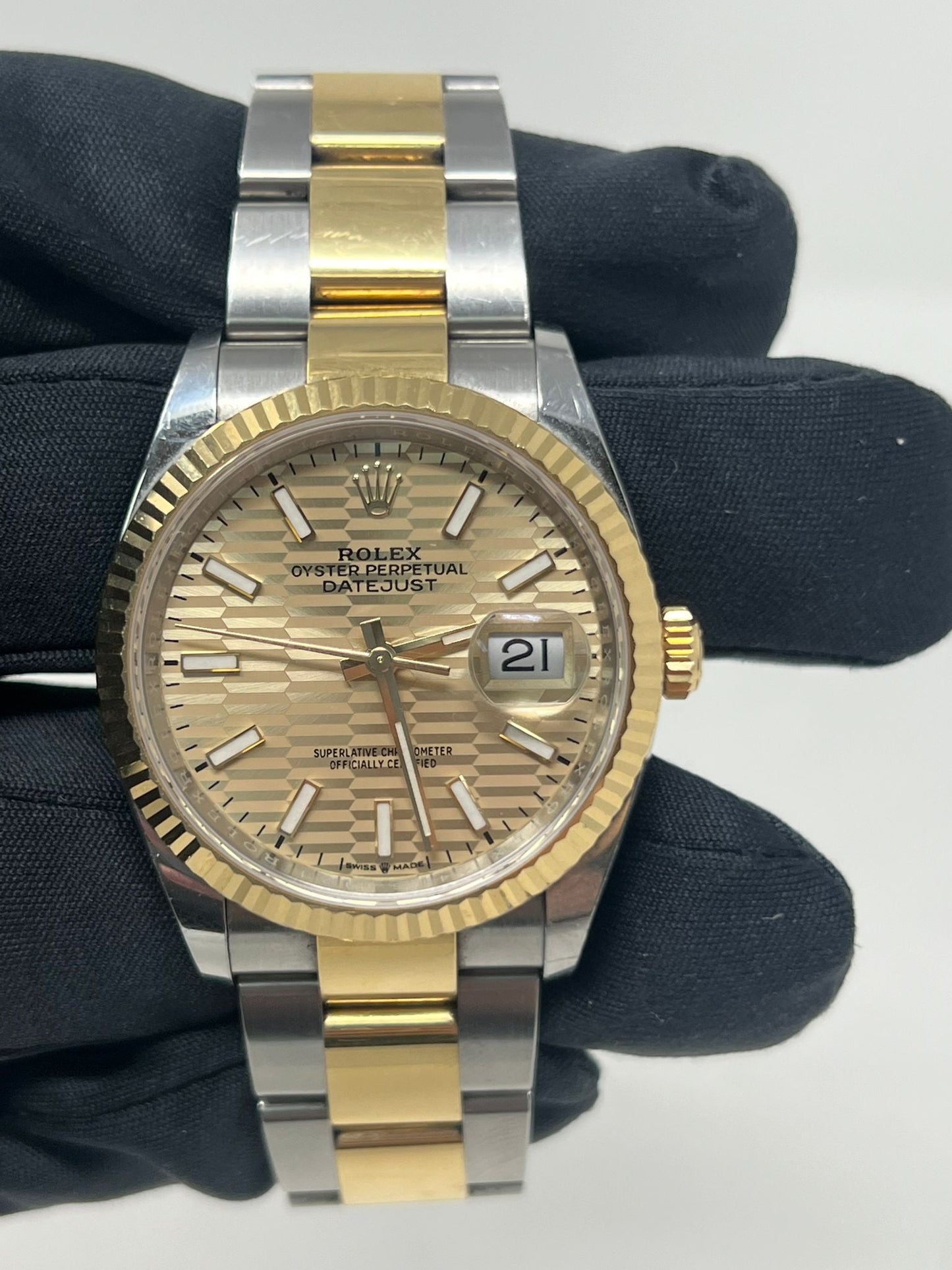 Rolex Stainless Steel And Yellow Gold Datejust - 36 MM - Oyster Bracelet - Fluted Bezel - Golden Fluted Motif Index Dial   - 126233 gfmio