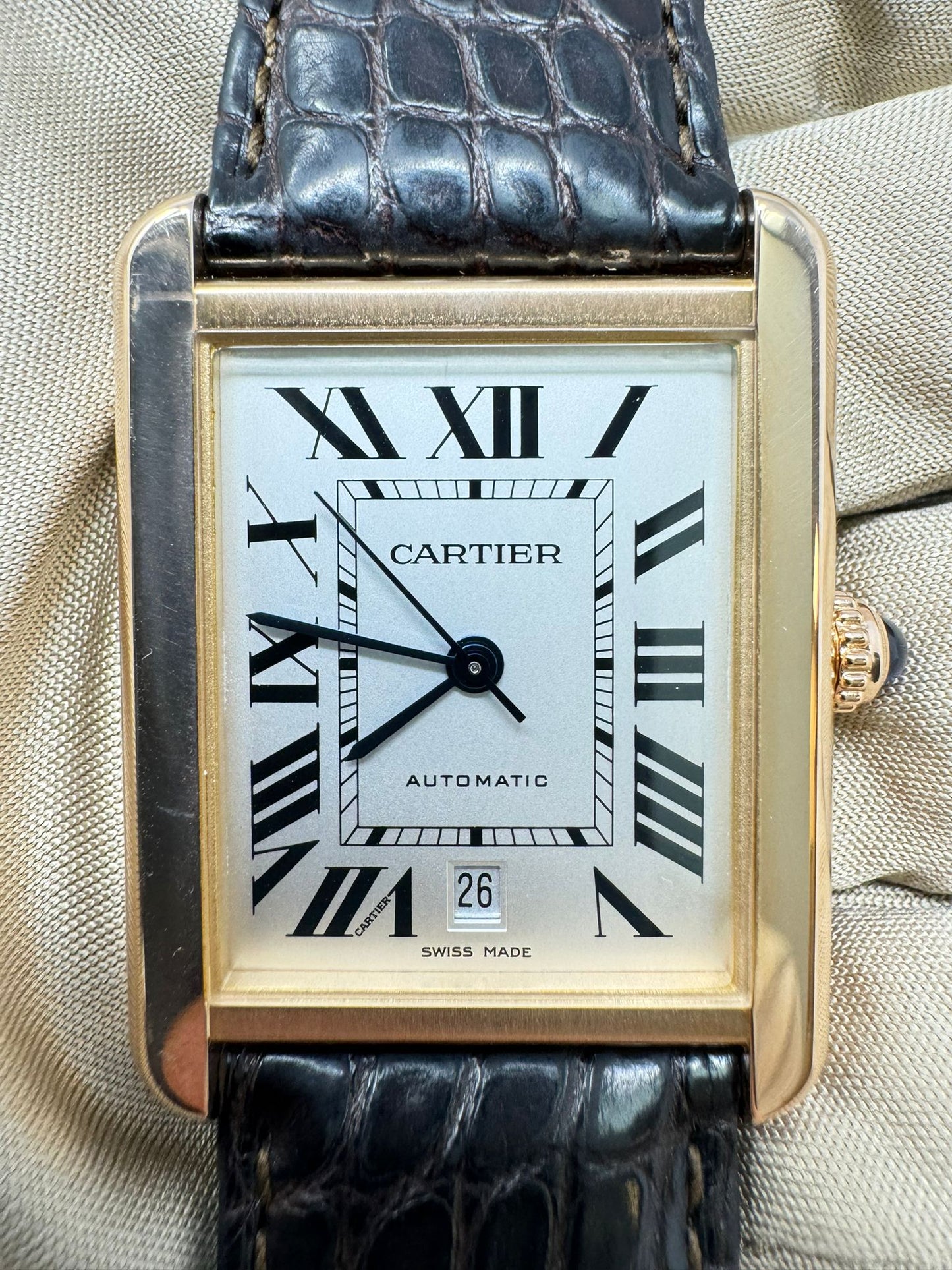 Cartier Tank Solo XL 41 MM - Brown Leather Strap - Rose Gold Bezel - Silver Dial - 3514 / W5200026