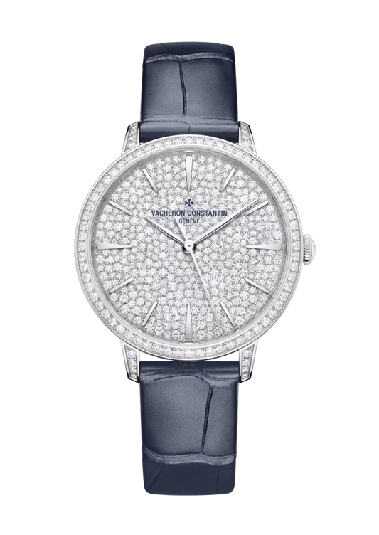 Vacheron Constantin Patrimony White Gold 37 MM - Blue Leather Strap - Diamond Bezel - Diamond Dial - 4116U/000G-B909