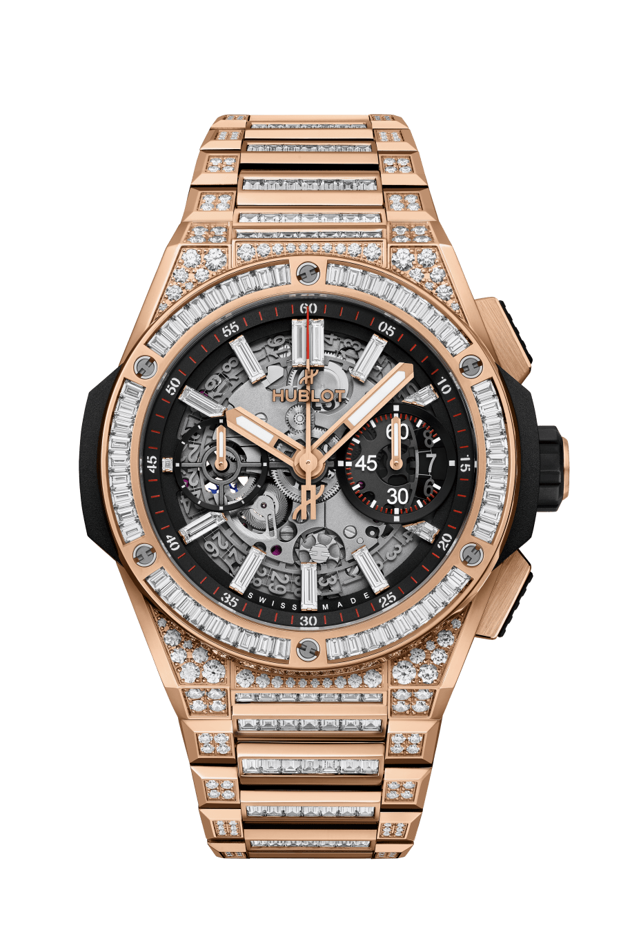 Hublot Big Bang Integrated King Gold Jewellery 42 MM - King Gold Diamond Bracelet - Diamond Bezel - Matte Black Skeleton Diamond Dial - 451.OX.1180.OX.9804