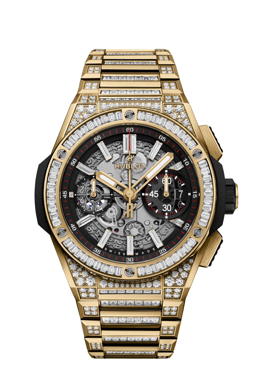 Hublot Big Bang Integrated Yellow Gold Jewellery 42 MM - Yellow Gold Diamond Bracelet - Diamond Bezel - Matte Black Skeleton Dial - 451.VX.1130.VX.9804