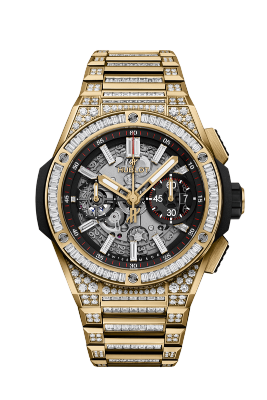 Hublot Big Bang Integrated Yellow Gold Jewellery 42 MM - Yellow Gold Diamond Bracelet - Diamond Bezel - Matte Black Skeleton Dial - 451.VX.1130.VX.9804