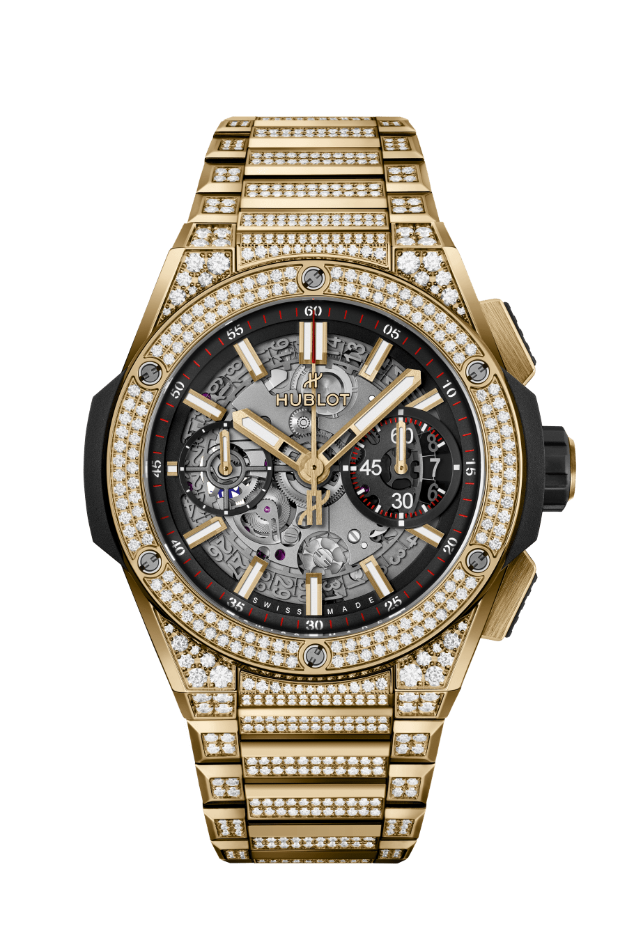 Hublot Big Bang Integrated Yellow Gold Pave 42 MM - Yellow Gold Diamond Bracelet - Diamond Bezel - Matte Black Skeleton Dial - 451.VX.1130.VX.3704