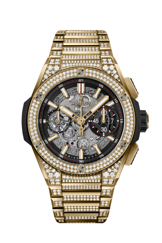 Hublot Big Bang Integrated Yellow Gold Pave 42 MM - Yellow Gold Diamond Bracelet - Diamond Bezel - Matte Black Skeleton Dial - 451.VX.1130.VX.3704