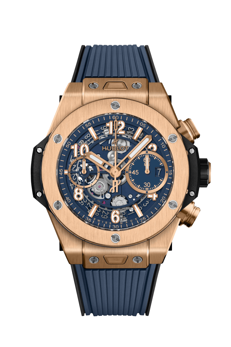 Hublot Big Bang Unico King Gold Blue 42 MM - Black and Blue Rubber Strap - Matte Blue Skeleton Dial - 441.OX.5181.RX