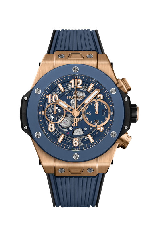 Hublot Big Bang Unico King Gold Blue Ceramic 42 MM - Black and Blue Rubber Strap - Matte Blue Skeleton Dial - 441.OL.5181.RX