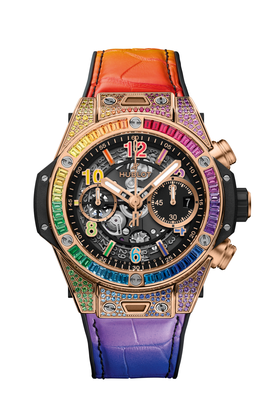 Hublot Big Bang Unico King Gold Rainbow 42 MM - Black Rubber and Multicolor Alligator Strap - Diamond Bezel - Matte Black Skeleton Dial - 441.OX.1118.LR.0999