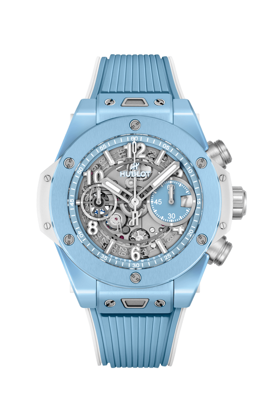 Hublot Big Bang Unico Sky Blue 42 MM - Rubber Strap with White and Light Blue Strap - Sky Blue Matte Skeleton Dial - 441.EX.5120.RX