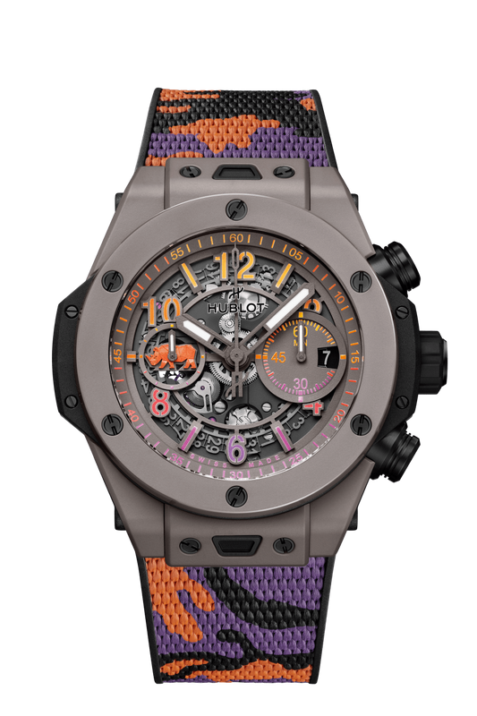 Hublot Big Bang Unico Sorai 44 MM -  Black, Purple and Orange Structured Camo Strap - Matte Warm Gray Skeleton Dial - 421.FX.8099.NR.SOA23